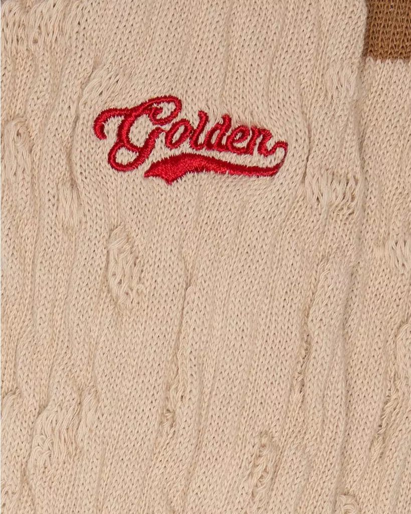 Beige Geribde Sokken met Bruine Details en Rood Logo