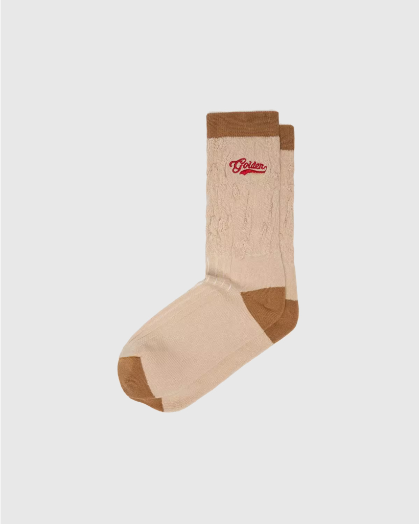 Beige Geribde Sokken met Bruine Details en Rood Logo