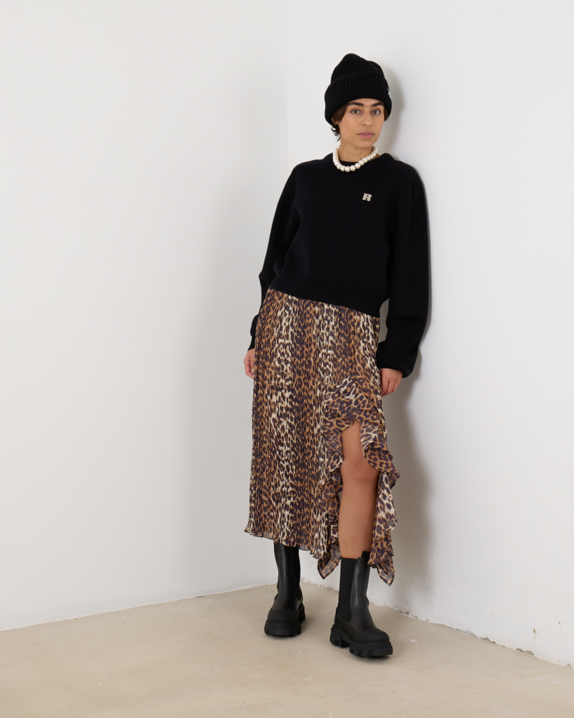 Ganni Leopard Pleated Georgette Flounce Skirt