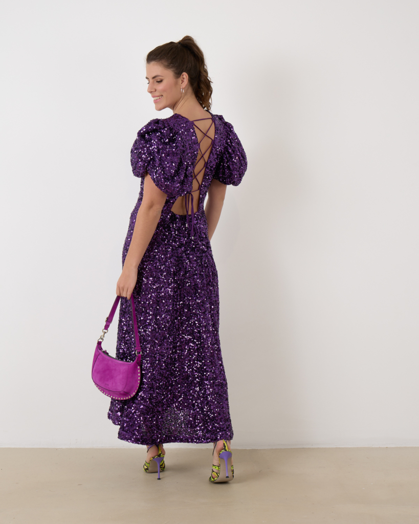 Rotate Midi Puff Sleeve Dress Purple