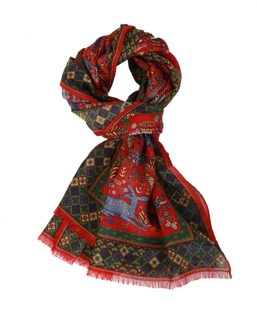 Scarf Red With A Green Blue Print