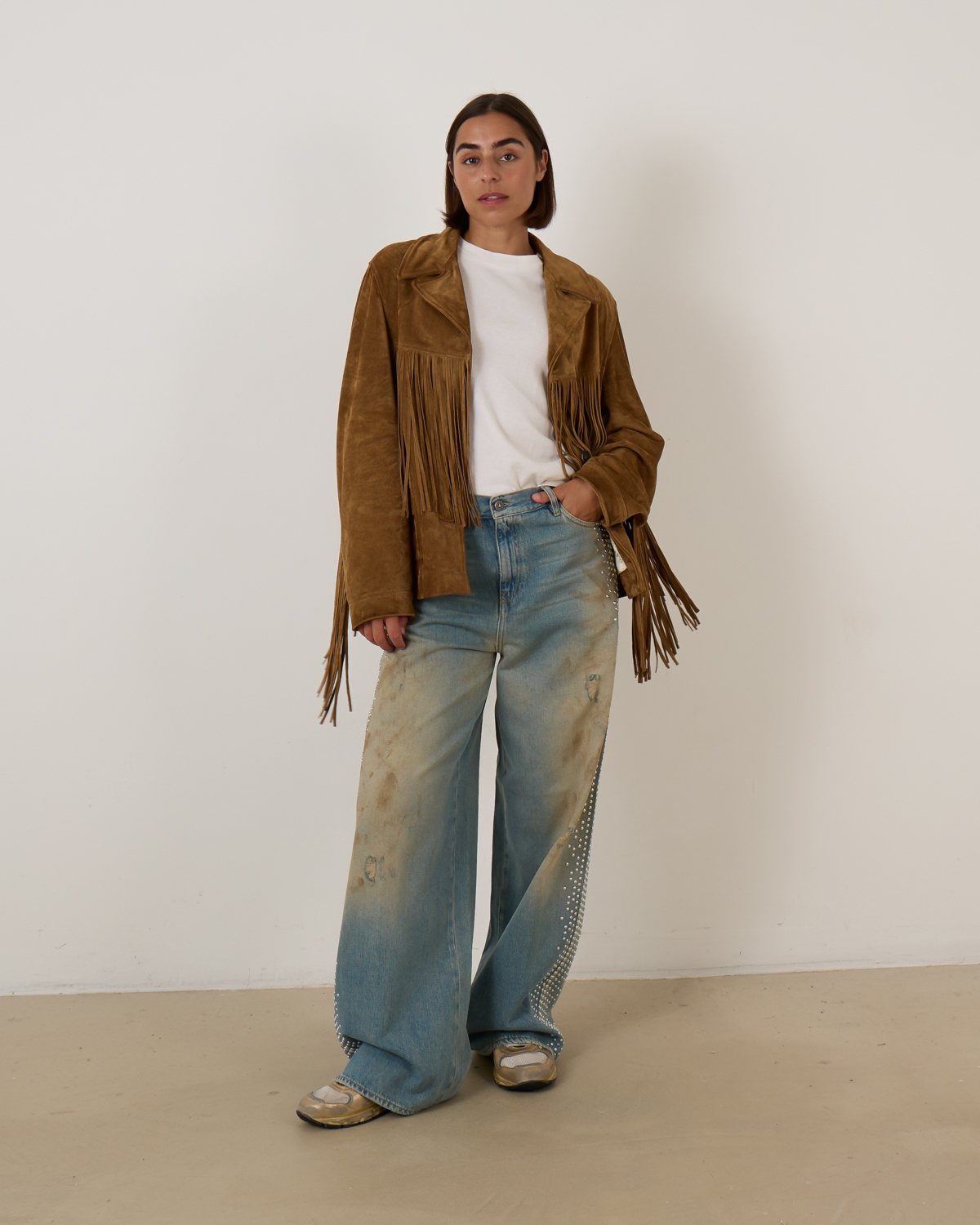 Suede Jacket With Fringes Tobacco-