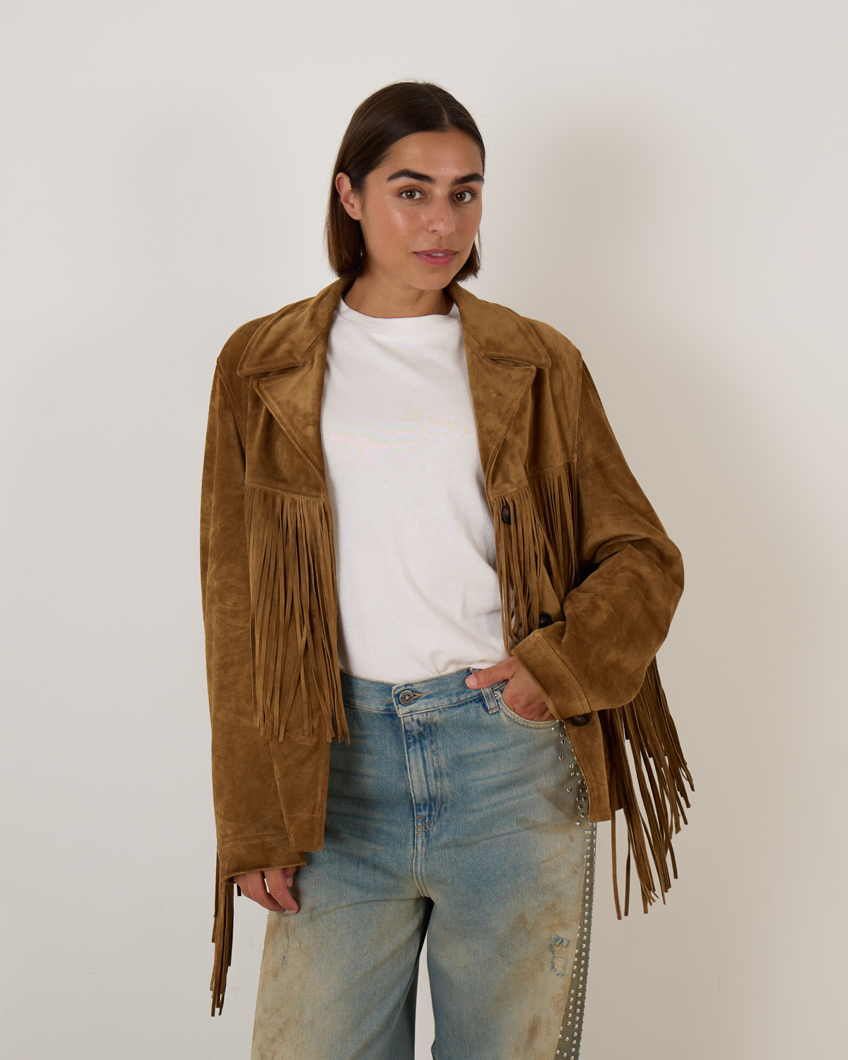 Suede Jacket With Fringes Tobacco-