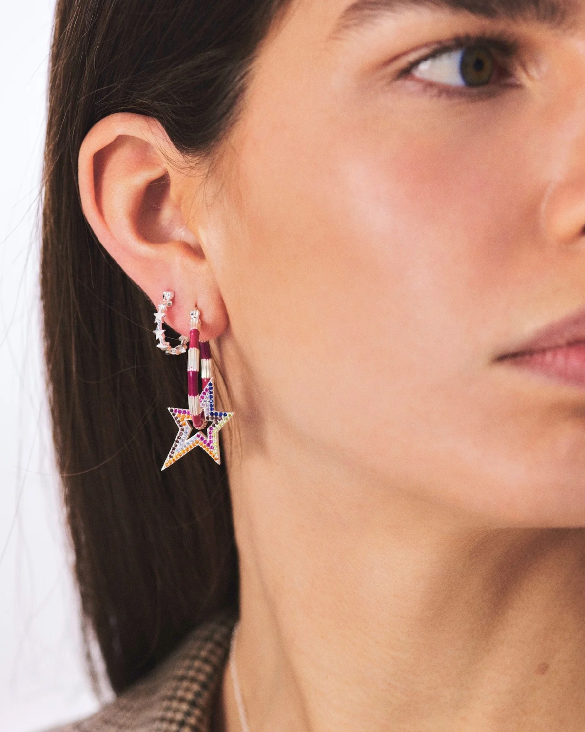 Anna + Nina Single Stars Align Hoop Earring Silver