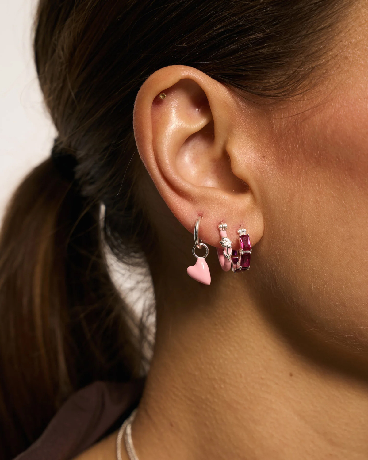 Anna + Nina Single Rose Heart Beat Ring Earring Silver
