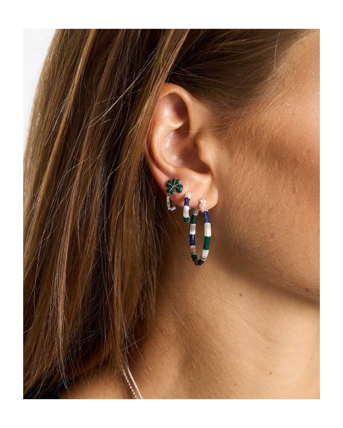 Anna + Nina Single Lucky Shamrock Chain Stud Silver