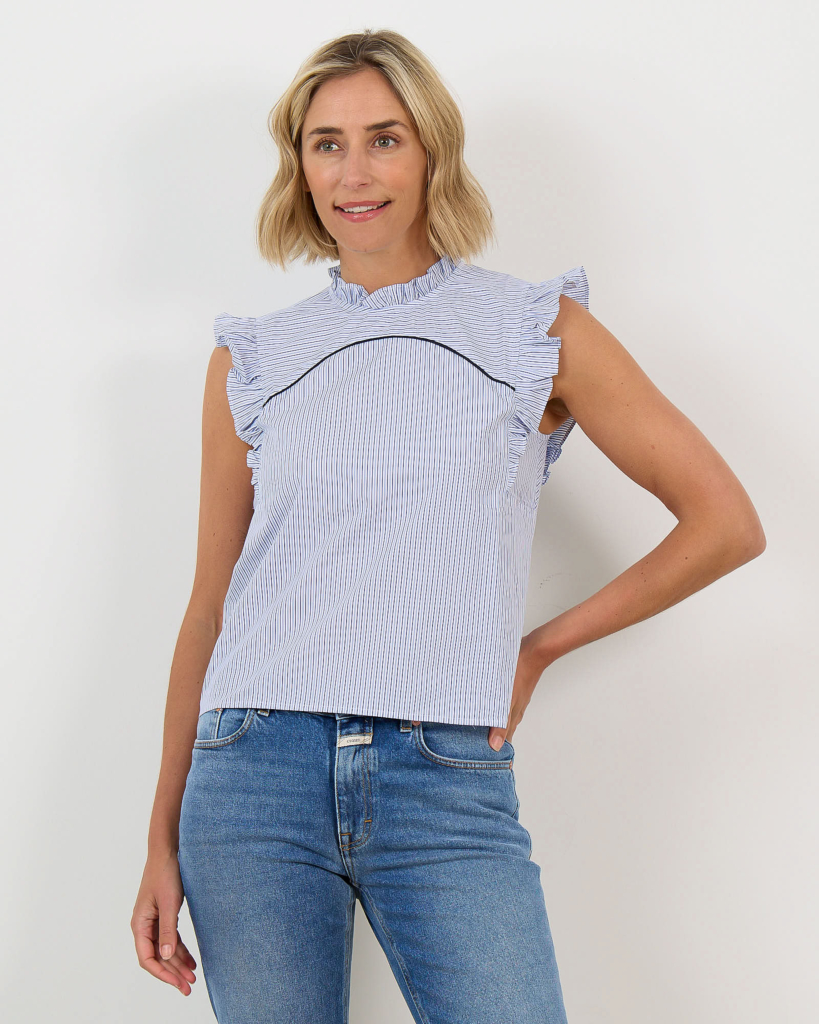 Maybel Gestreepte Mouwloze Poplin Blouse Blauw/Wit