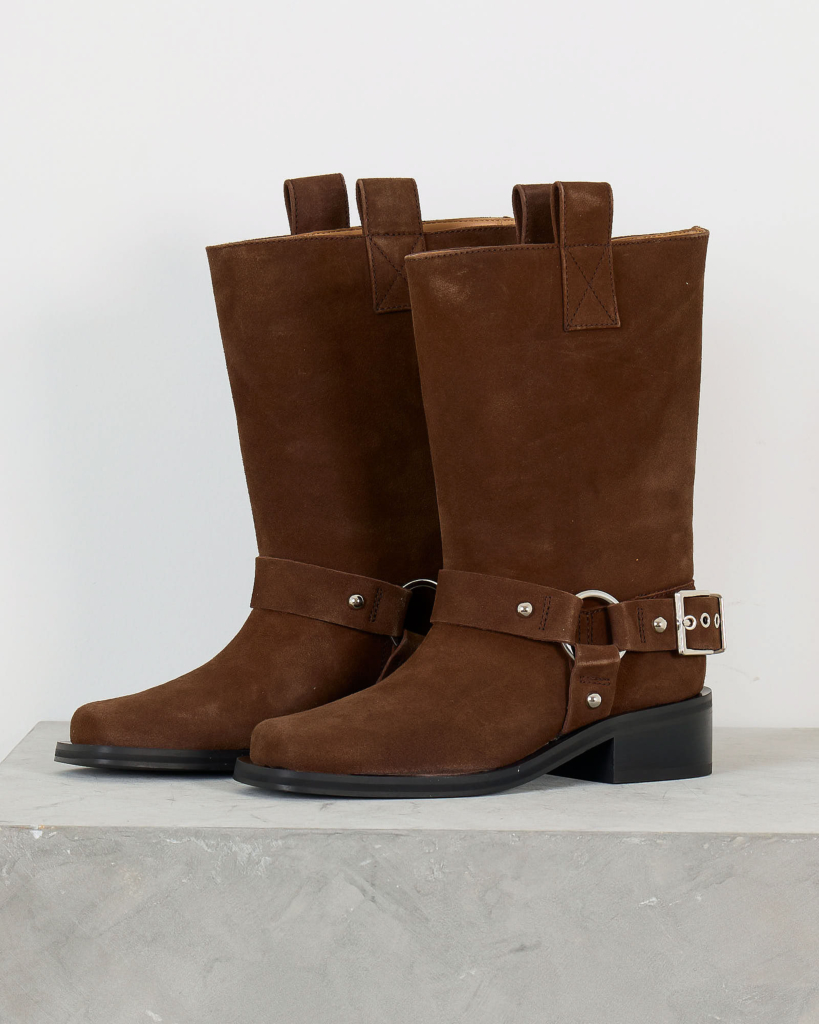 Mid Shaft Suede Biker Boot in Coffee