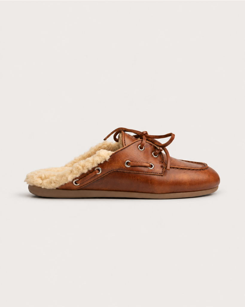 Boat Loafer Mule Fur Brushed Leather Brown