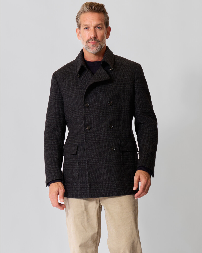 Peacoat Wollen Jas Donkergrijs Check 