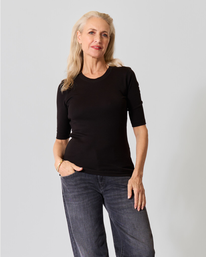 Aansluitend Ribbed Jersey T-Shirt met Stretch Zwart