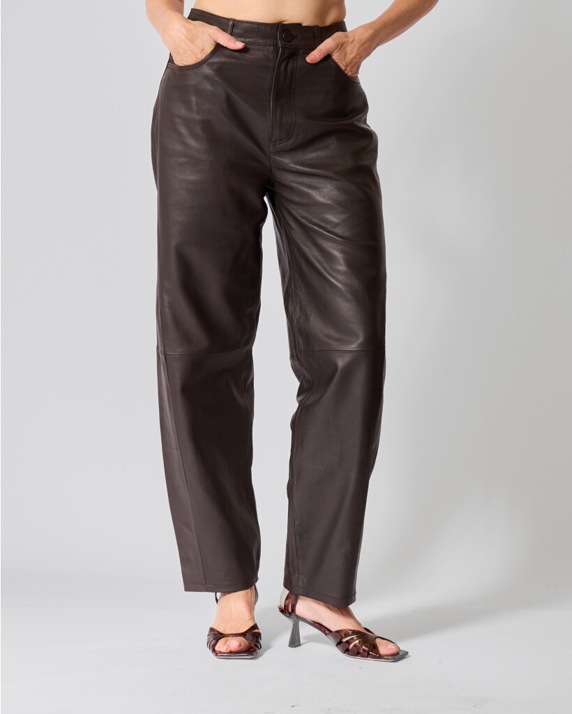 Fenne Leren Barrel Broek Donkerbruin