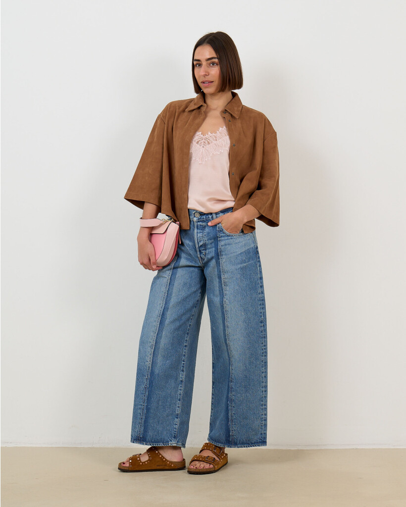 Mila Suede Blouse met Korte Mouwen Bruin