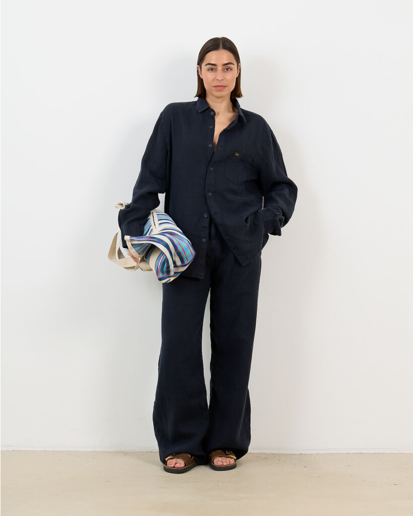 Skater Pleats Marine Linnen Pantalon 