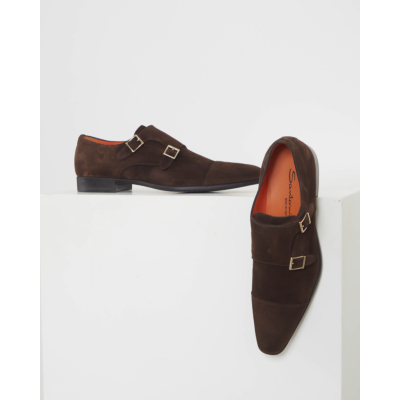 Santoni  Brown Suede Monk Strap Shoe
