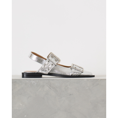 Ganni Chunky Buckle Welt Ballerina Silver