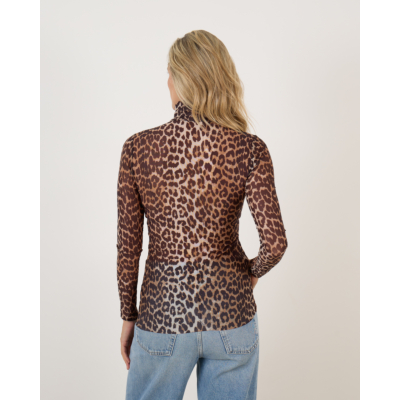 Ganni Mesh Rollneck Top Leopard