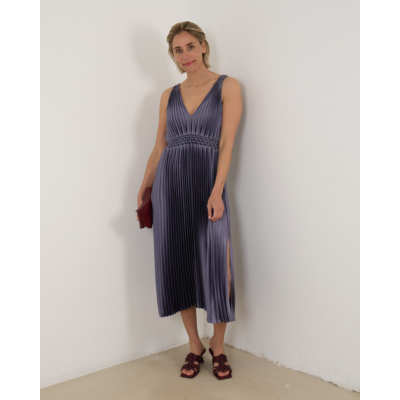Vince Hand-Smocked Pleated Satin Dress Blue