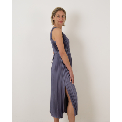 Vince Hand-Smocked Pleated Satin Dress Blue