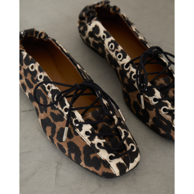 Ganni Leopard Printed Denim Lace-Up Ballerinas