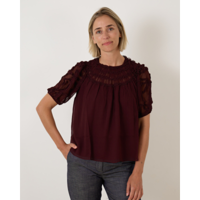 Ulla Johnson Isolda Silk Smocked Blouse Mahogany