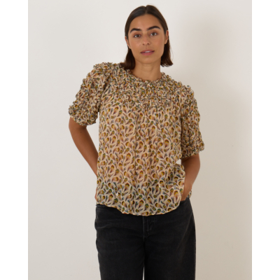 Ulla Johnson Isolda Silk Smocked Blouse beige