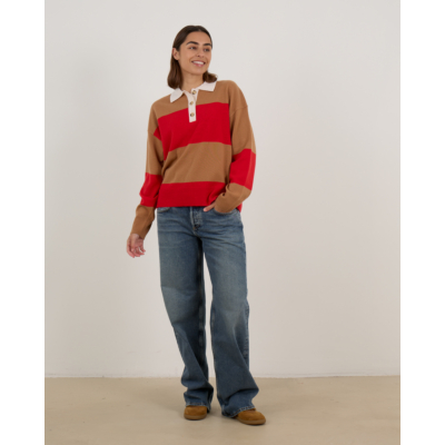 Xírena Braxton Wollen Polo Sweater Gestreept Rood Bruin