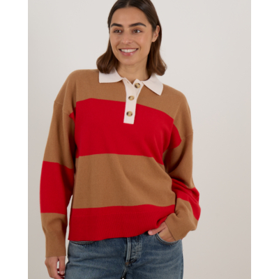 Xírena Braxton Wollen Polo Sweater Gestreept Rood Bruin