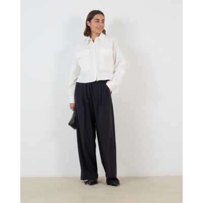 Cambio Addison Wide Leg Geplooide Pantalon met Trekkoord Navy