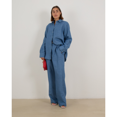 Róhe Relaxed Linnen Pantalon met Trekkoord Blauw