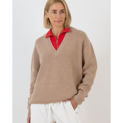 Tibi Wollen V-Hals Trui met Afneembare Kraag Beige