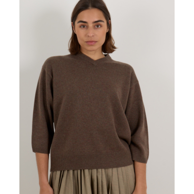6397 Cashmere Sweater Kortemouw En V-hals Mud