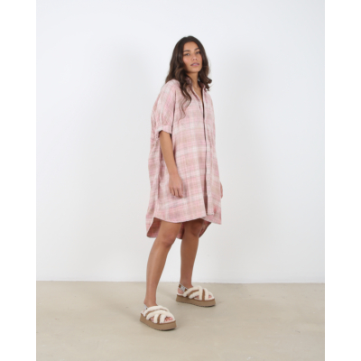 R13 Plaid Oversized Boxy Shirt Dress Red Gray